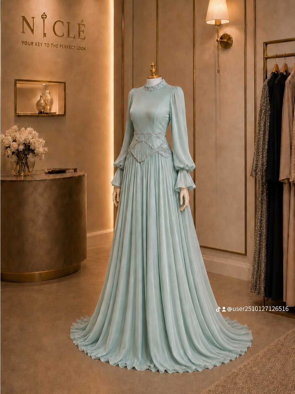 Sage Green Long Maxi Dress with Pleated Skirt